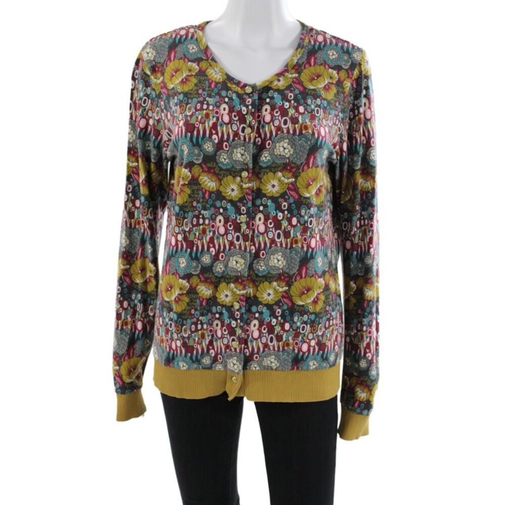 Oilily Women Floral Multicolor Cardigan V-Neck Long Sleeve 95% Cotton Size L